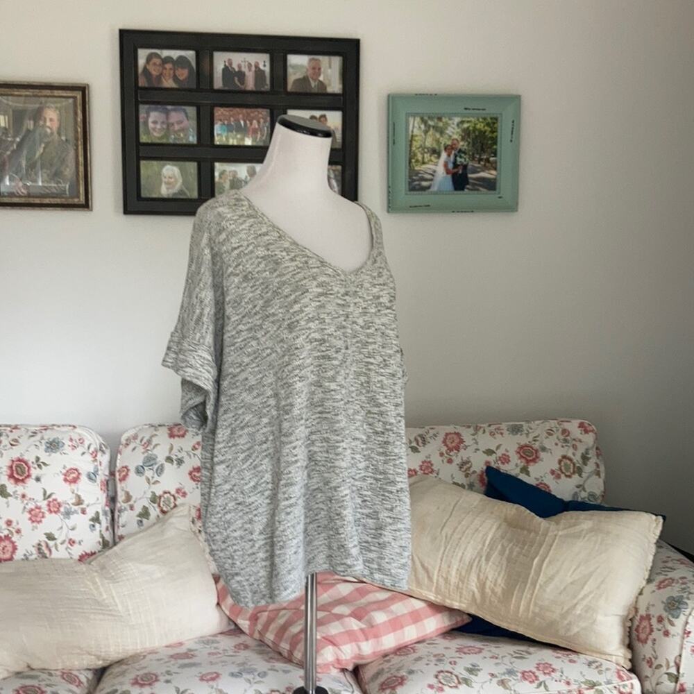 Terra & Sky Heather Grey Stretch Pullover Short Sleeved Distressed Top, Size 2X